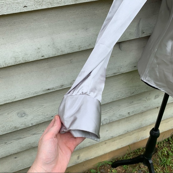 Vintage 90s Silver Gray Satin Collared V-Neck Long Sleeve Fitted Popover Blouse - Picture 12 of 16